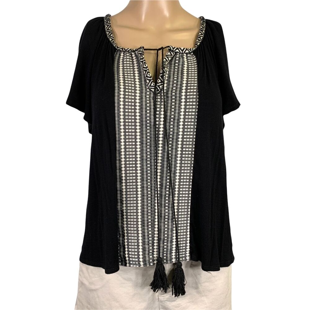 W5 Womens Peasant Top Blouse Shirt V Neck Woven Detail Pullover Black White Med